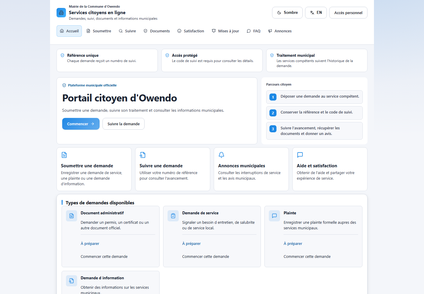 Citizen portal interface for the Owendo municipal workflow system